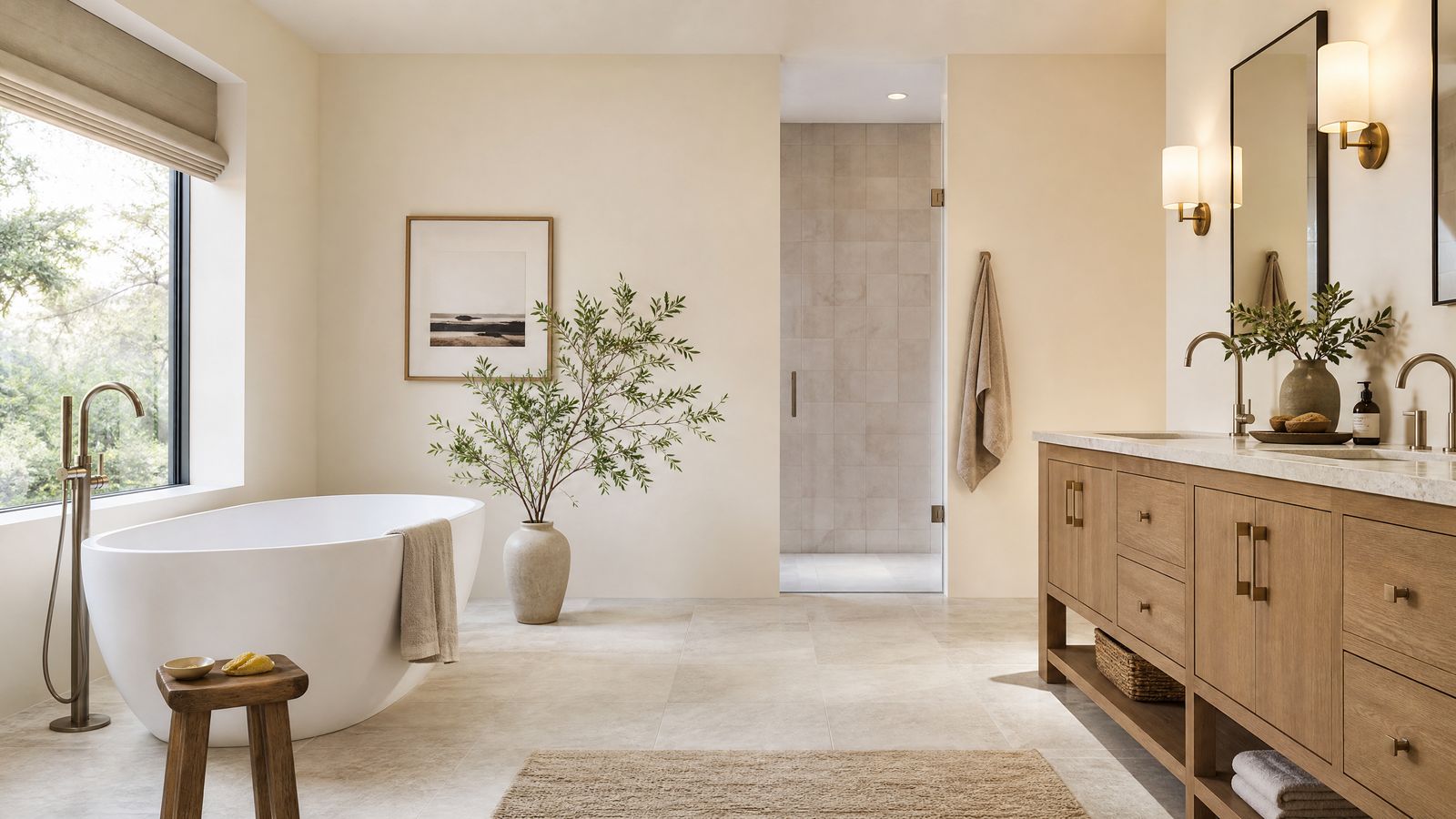 Bathroom lighting installation planning example with neutral contemporary finishes