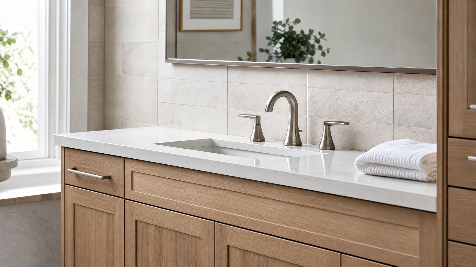 Bathroom tile installation planning example with neutral contemporary finishes